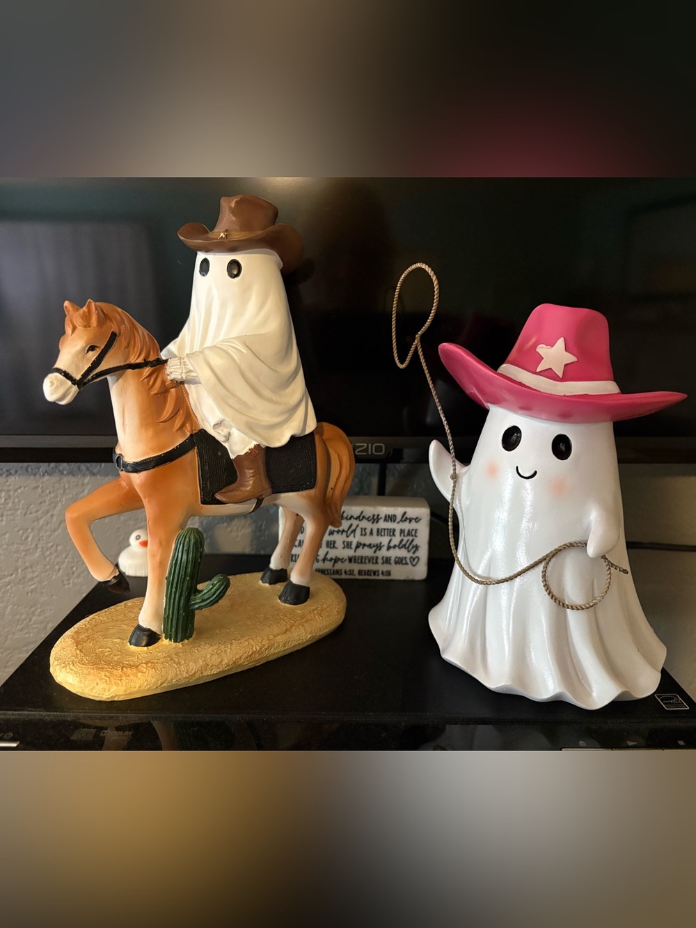 Cowboy Ghost Figurine Pair - White & Pink Ghosts with Western Accents